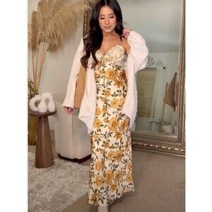Thirty Thirty Floral Lace Satin Slip Maxi Dress Marigold Yellow Cream Small